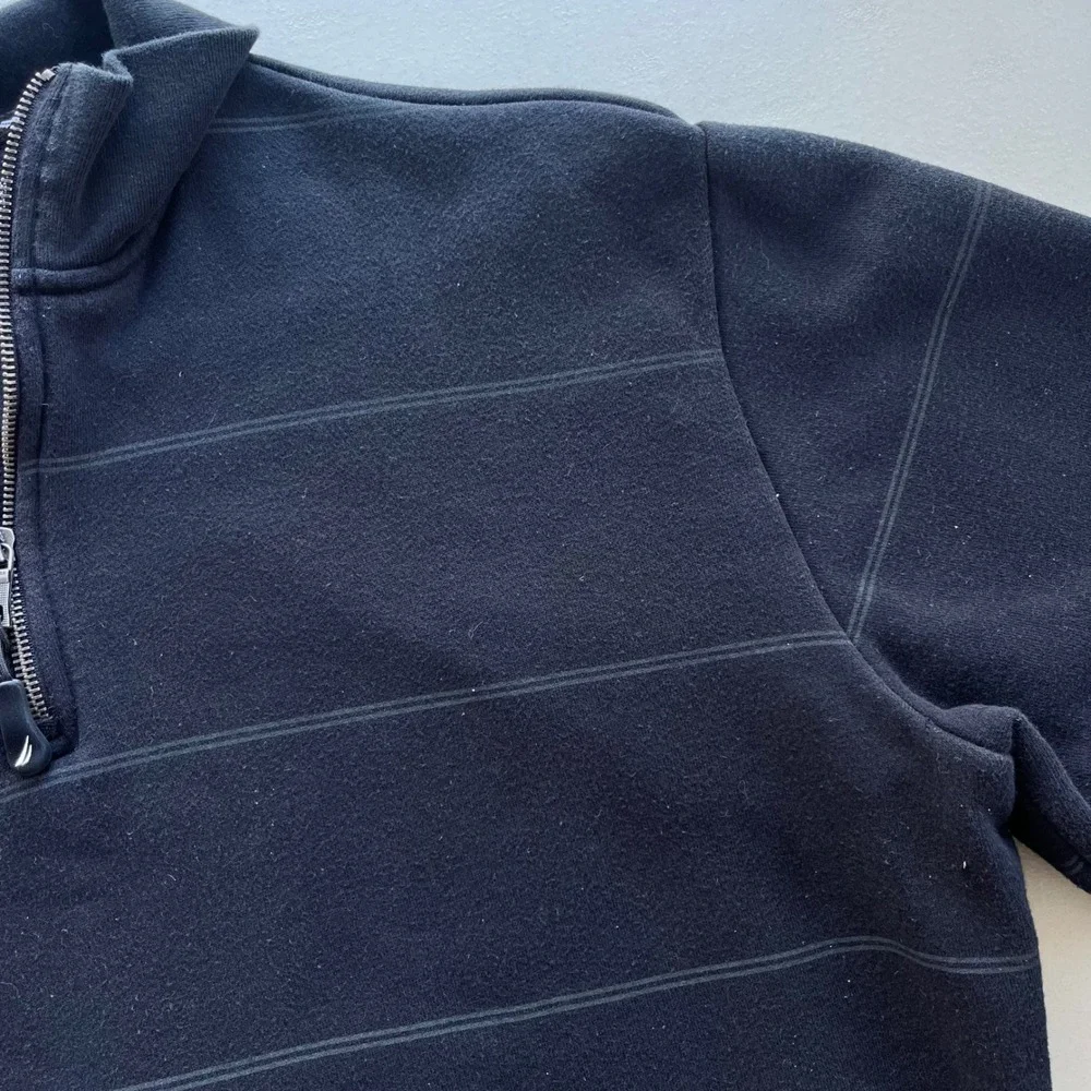 Nautica Mens Sz L Black Shadow Stripe Quarter Zip Pullover Fleece Sweater Preppy